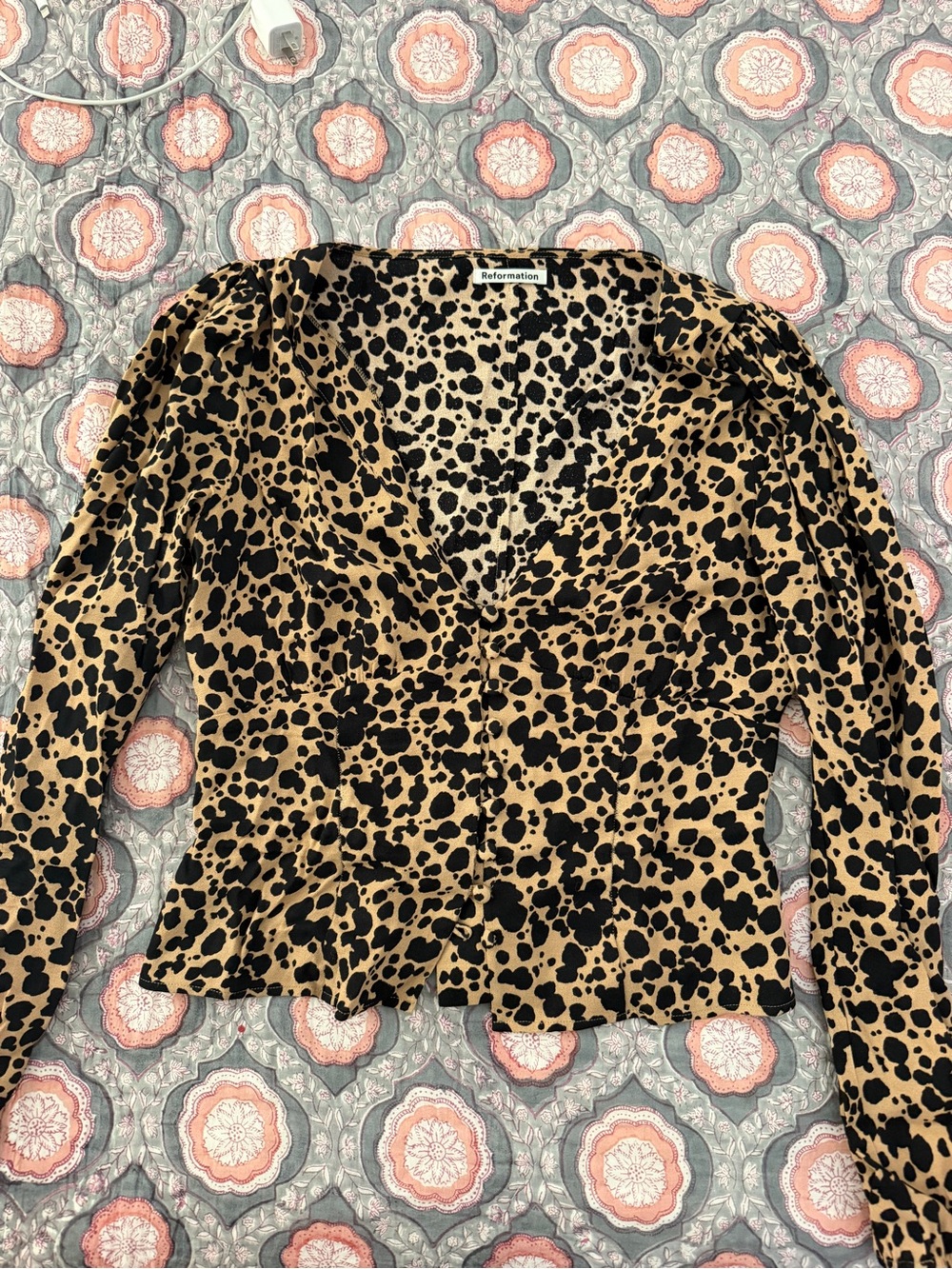 Reformation Fashion Black and Tan Leopard Print V-Neck Blouse